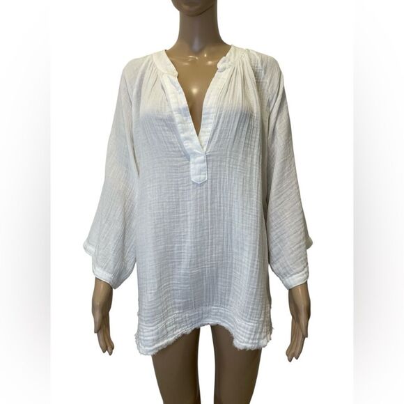 9 Seed Marrakesh Dashiki Gauze Women's White V-Neck Fray Trim size S